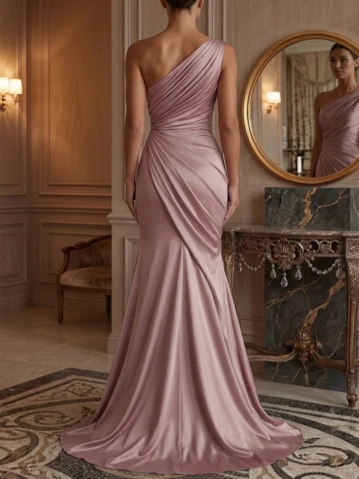 Trumpet/Mermaid One-Shoulder Satin Evening Dresses Floor-Length Ruched Sleeveless Formal Dresses