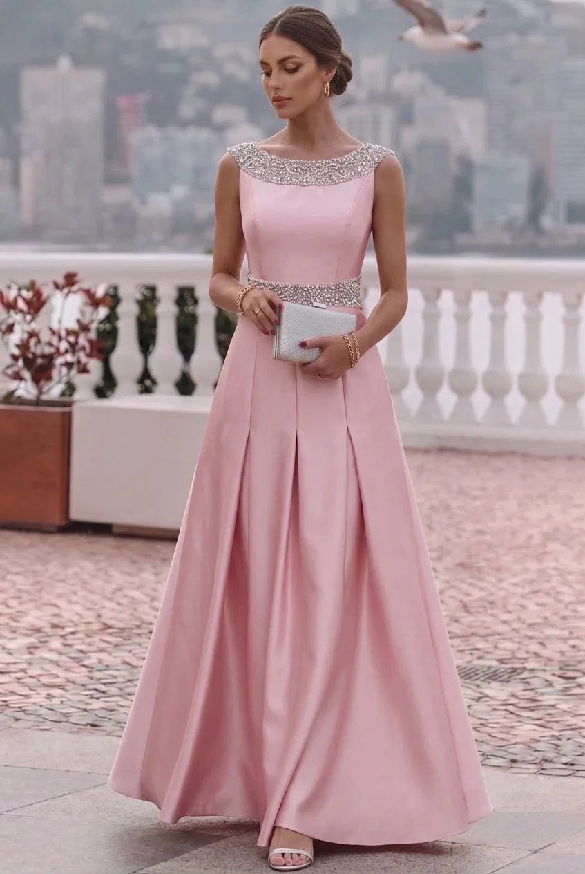 A-Line/Princess Scoop Satin Formal Dresses Ankle-Length Beading Sleeveless Evening Dresses