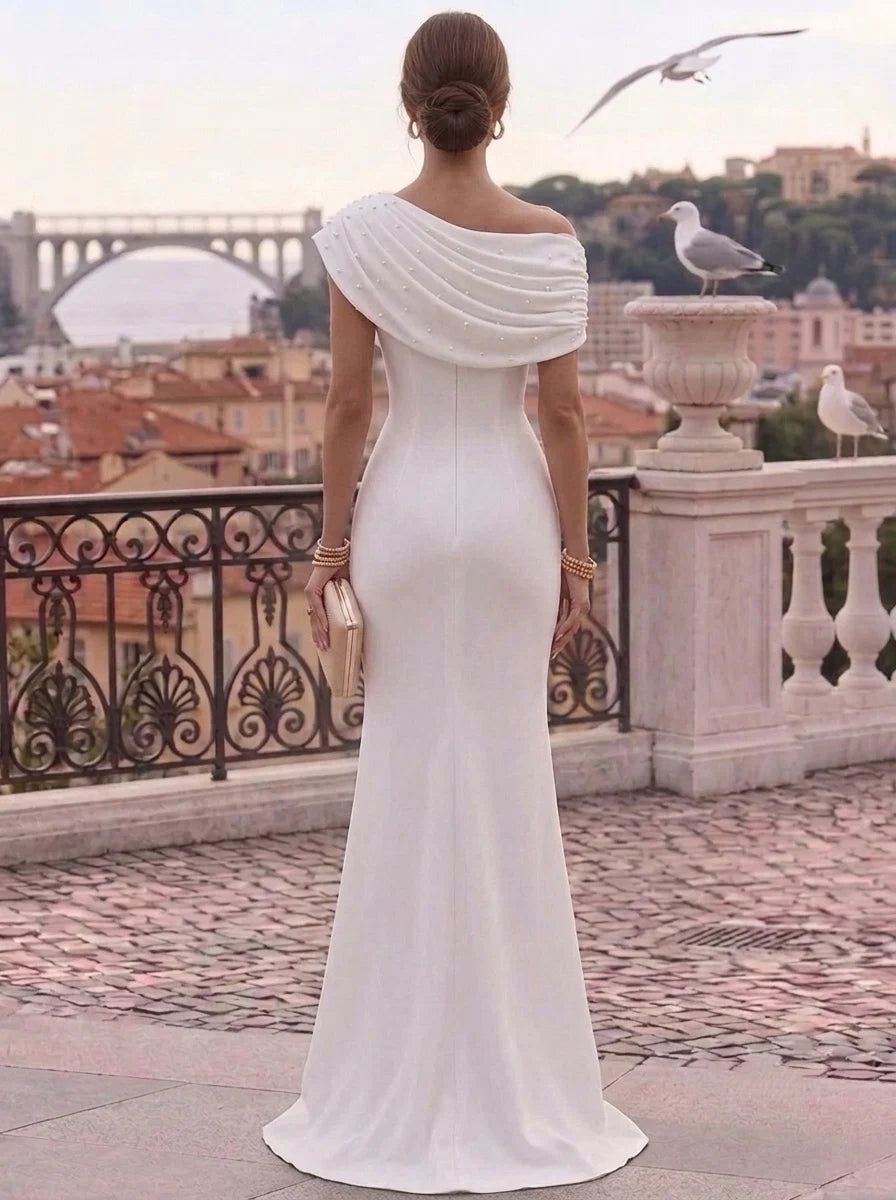 Trumpet/Mermaid One-Shoulder Stretch Satin Formal Dresses Floor-Length Sleeveless Evening Dresses Pearls