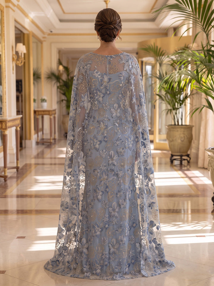 Trumpet/Mermaid Scoop Lace Embroidery Formal Dresses Floor-Length Cape Sleeves Evening Dresses