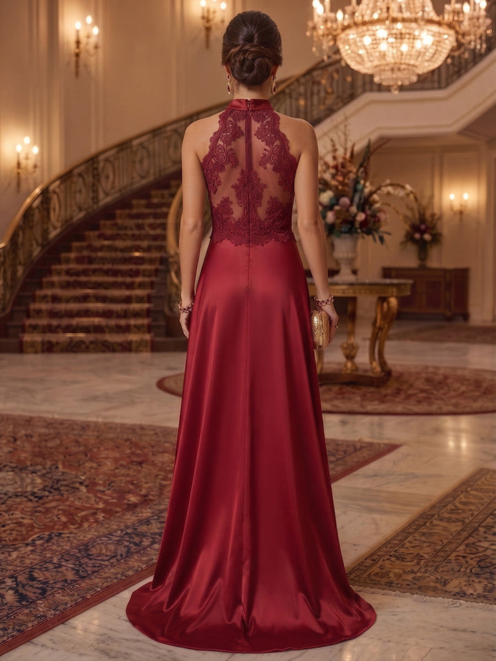 A-Line/Princess Halter Silk Satin Evening Dresses Floor-Length Sleeveless Formal Dresses Lace with Split Side
