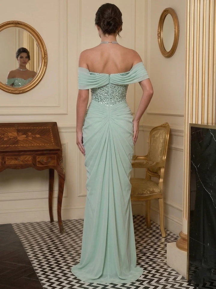 Sheath/Column Off-the-Shoulder Chiffon Evening Dresses Floor-Length Sequins Sleeveless Formal Dresses