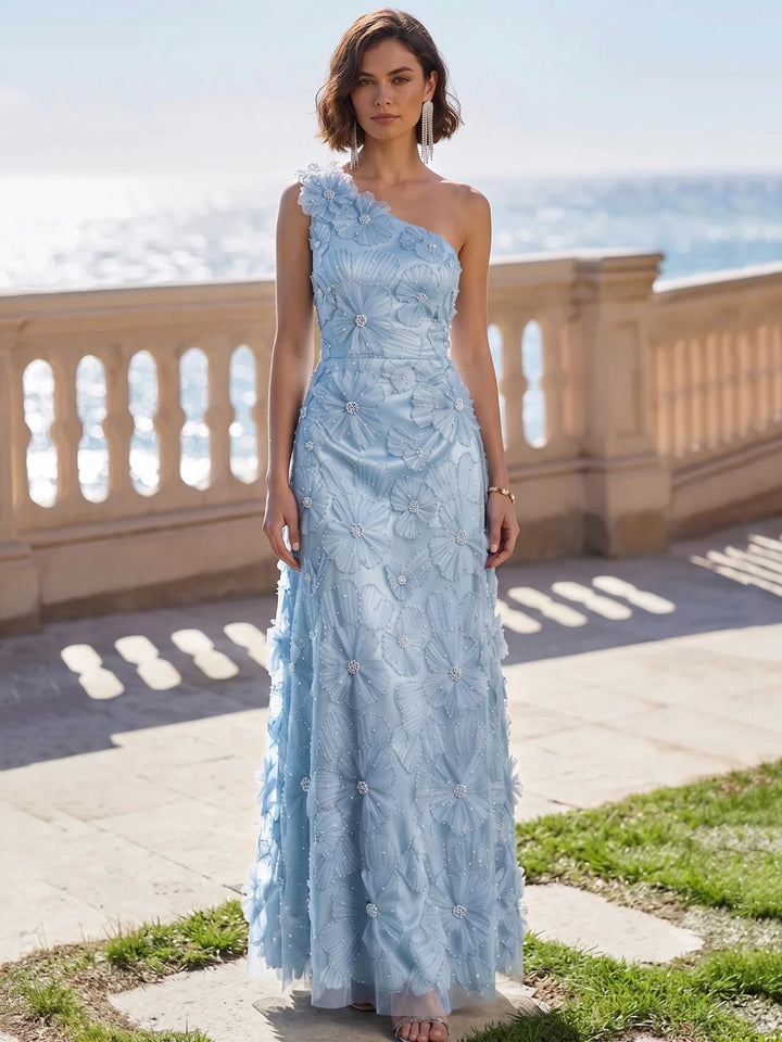 A-Line/Princess One-Shoulder Floral Formal Dresses Ankle-Length Sleeveless Evening Dresses