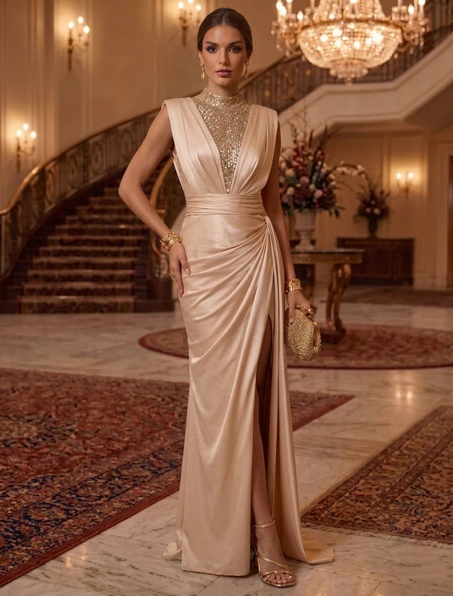 Sheath/Column Mock Neck Silk Satin Evening Dresses Floor-Length Sleeveless Formal Dresses Split Side