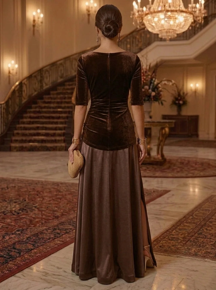 A-Line/Princess V-Neck Evening Dresses Velvet Floor-Length Half Sleeves Formal Dresses Split Side