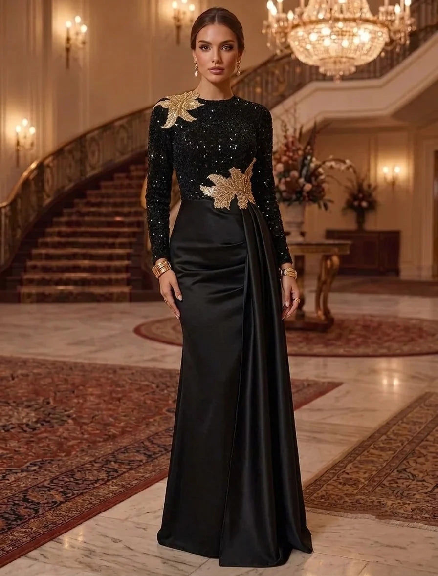 Trumpet/Mermaid Scoop Evening Dresses Sequins Satin Floor-Length Long Sleeves Formal Dresses