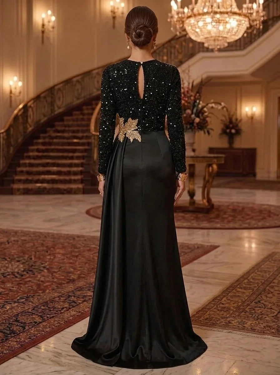 Trumpet/Mermaid Scoop Evening Dresses Sequins Satin Floor-Length Long Sleeves Formal Dresses
