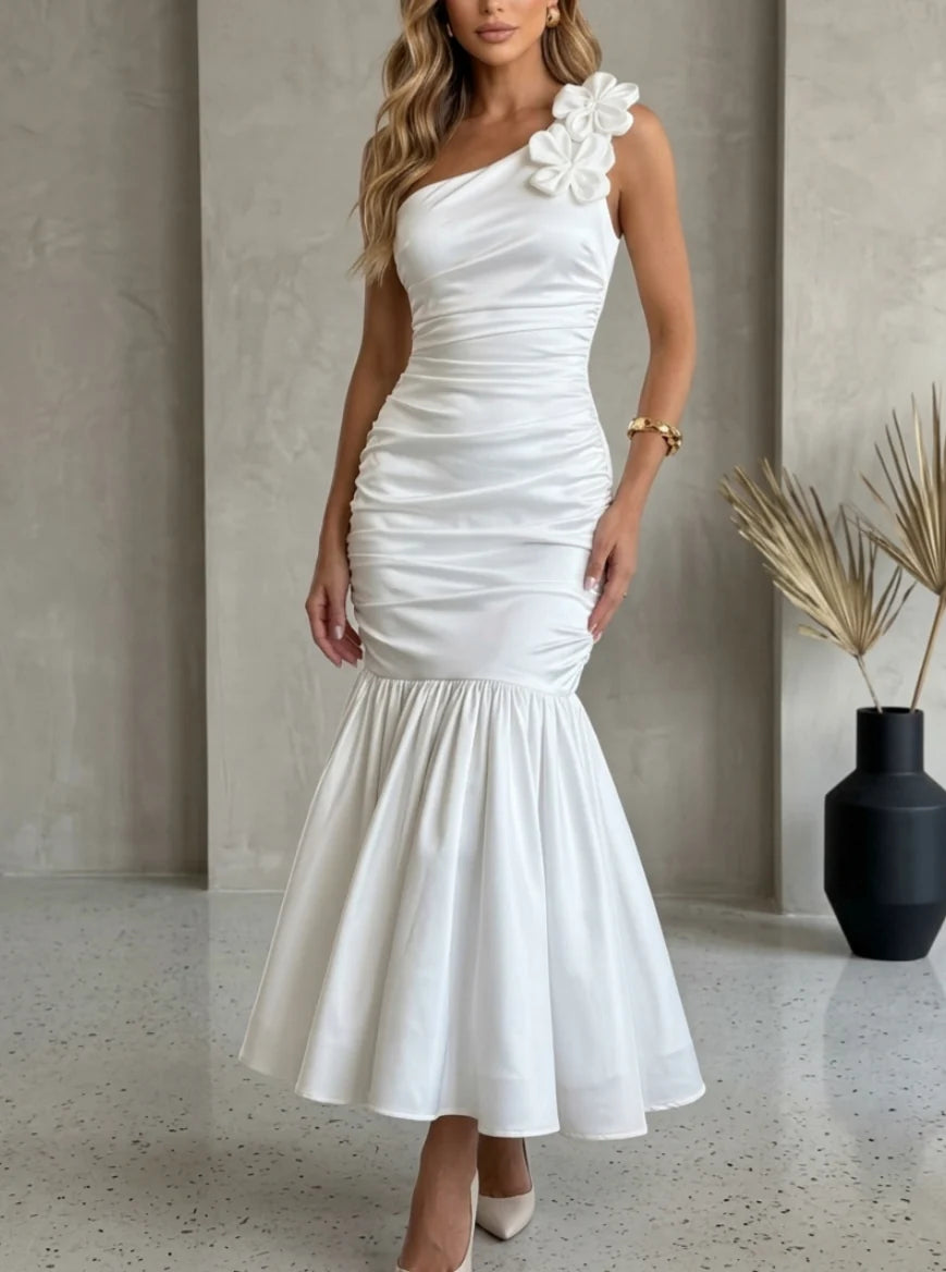 Trumpet/Mermaid One-Shoulder Cocktail Dresses with 3D Flower Ankle-Length Little White Dresses