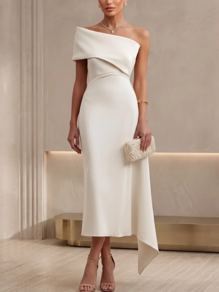 Sheath/Column One-Shoulder Stretch Satin Cocktail Dresses Tea-Length Sleeveless Little White Dresses Party Dresses