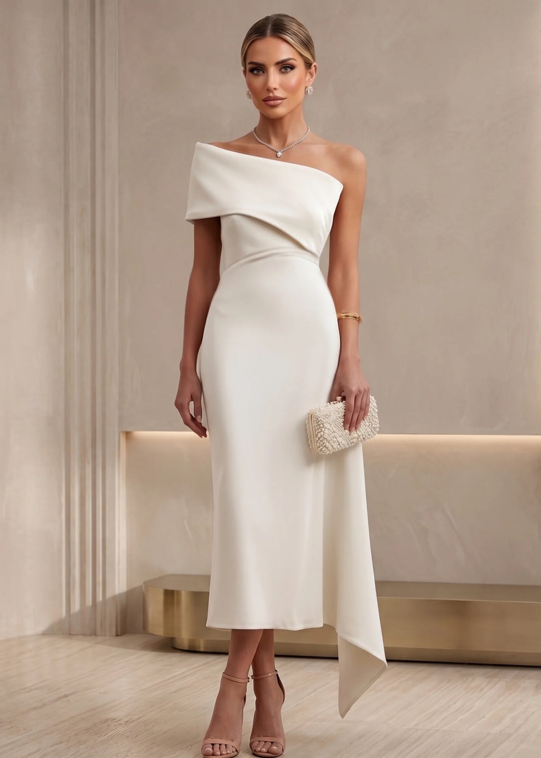 Sheath/Column One-Shoulder Stretch Satin Cocktail Dresses Tea-Length Sleeveless Little White Dresses Party Dresses