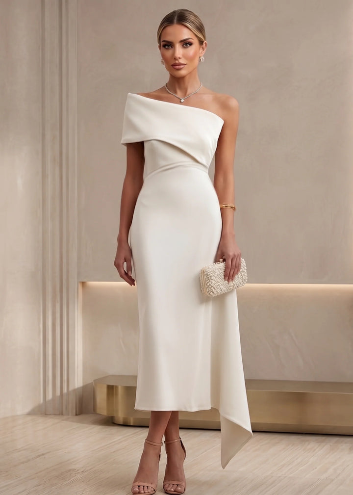 Sheath/Column One-Shoulder Stretch Satin Cocktail Dresses Tea-Length Sleeveless Little White Dresses Party Dresses