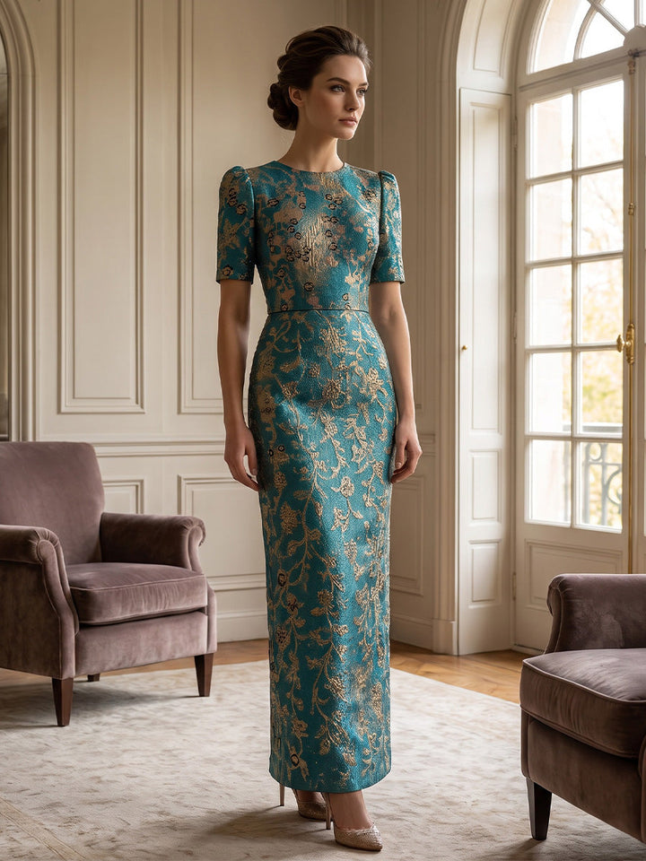 Sheath/Column Scoop Jacquard Formal Dresses Ankle-Length Short Sleeves Evening Dresses Floral