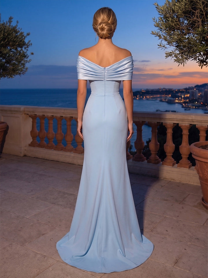Trumpet/Mermaid Off-the-Shoulder Stretch Satin Evening Dresses Sequins Floor-Length Sleeveless Formal Dresses Split Side