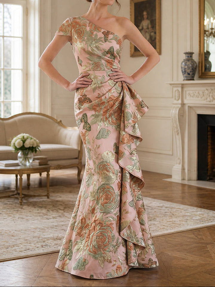 Sheath/Column One-Shoulder Jacquard Formal Dresses Floor-Length Sleeveless Evening Dresses Ruffles