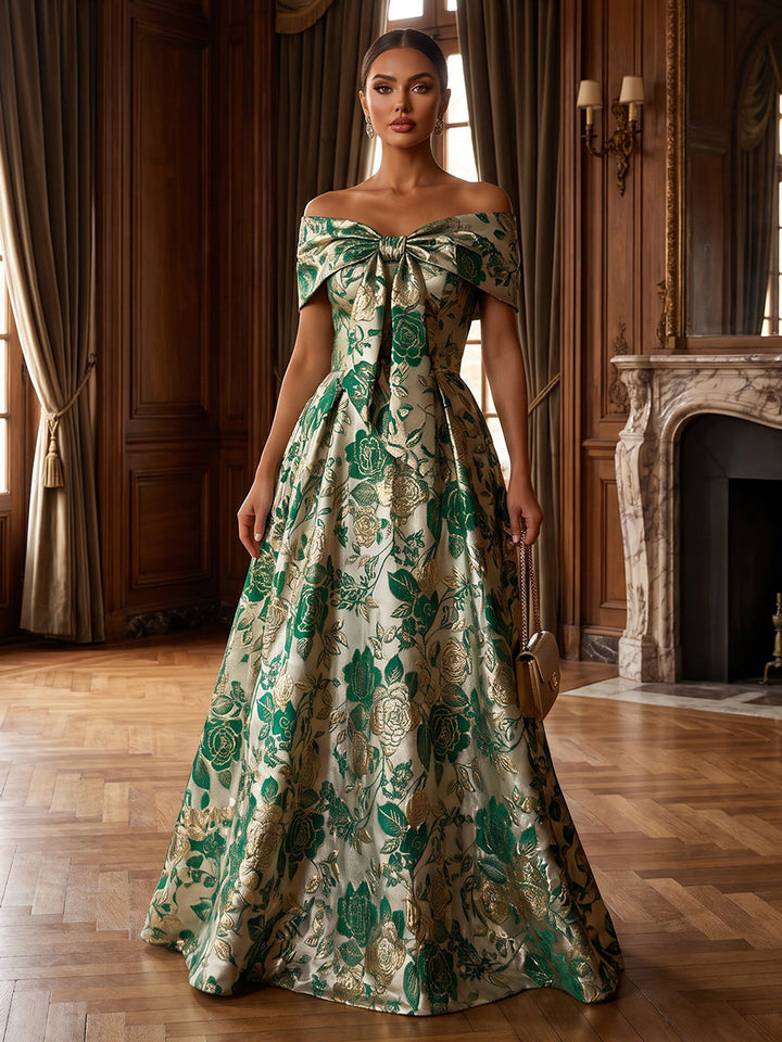 A-Line/Princess Off-the-Shoulder Jacquard Formal Dresses Floor-Length Sleeveless Evening Dresses Floral