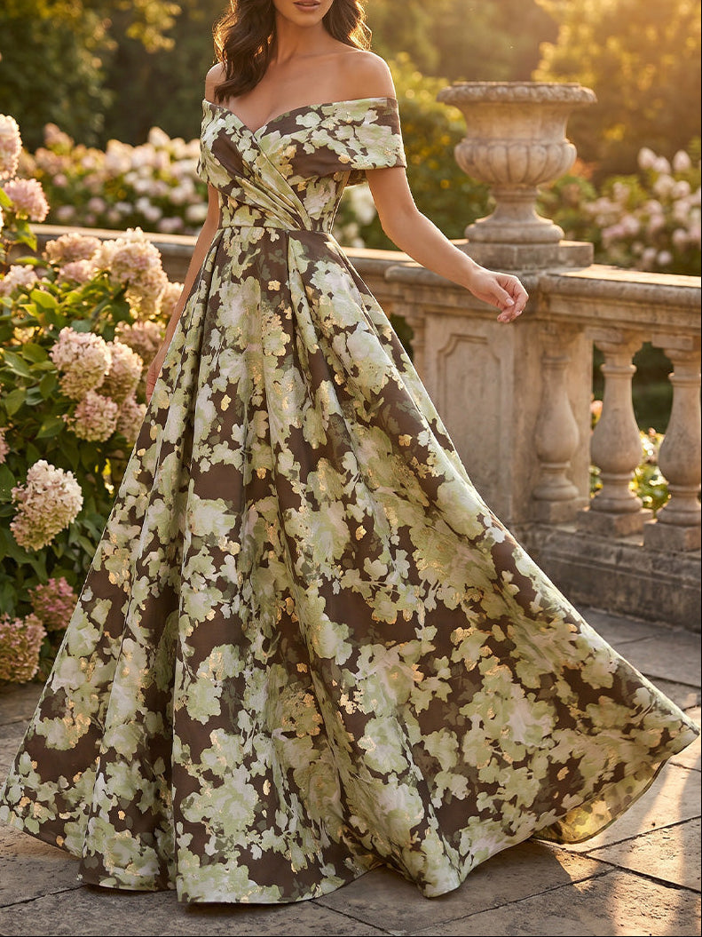 A-Line/Princess Off-the-Shoulder Jacquard Formal Dresses Floor-Length Sleeveless Evening Dresses Floral