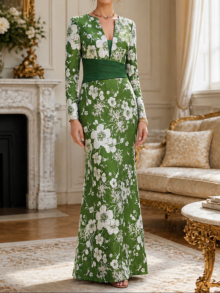 Sheath/Column V-Neck Jacquard Formal Dresses Floor-Length Long Sleeves Evening Dresses Floral