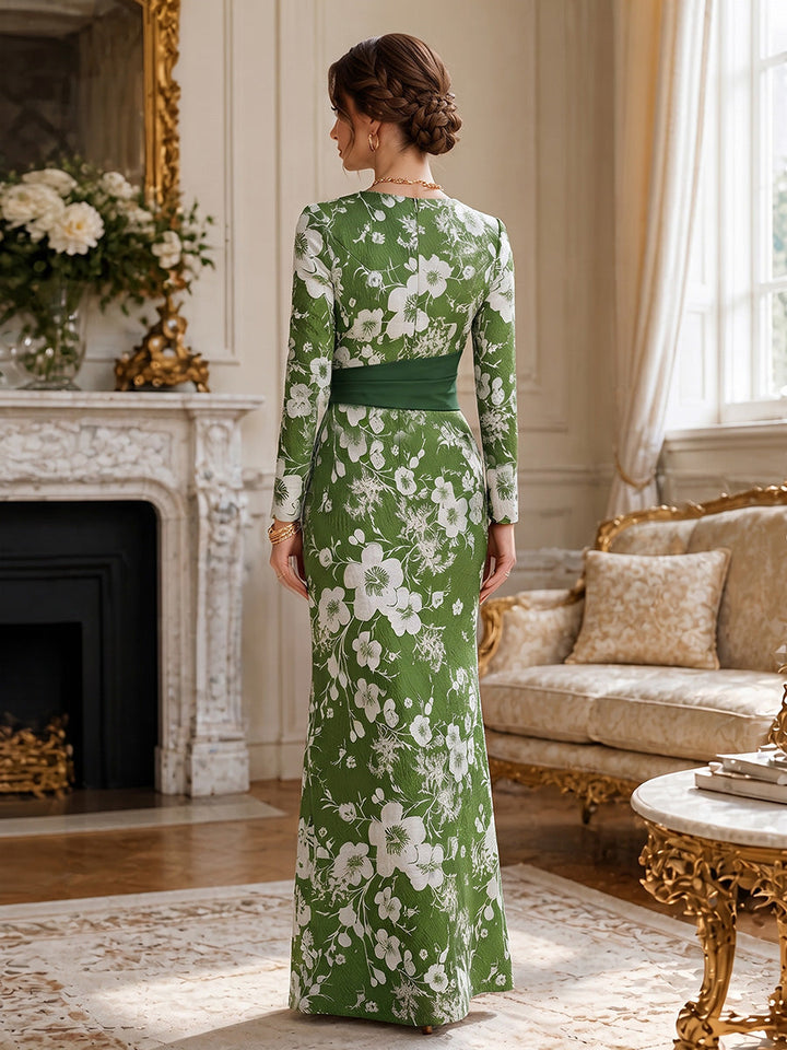 Sheath/Column V-Neck Jacquard Formal Dresses Floor-Length Long Sleeves Evening Dresses Floral