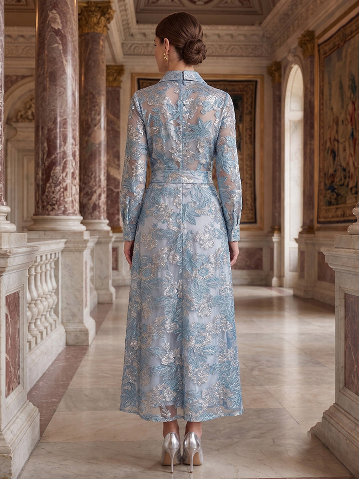 A-Line/Princess Shirt Collar Floral Formal Dresses Ankle-Length Long Sleeves Evening Dresses