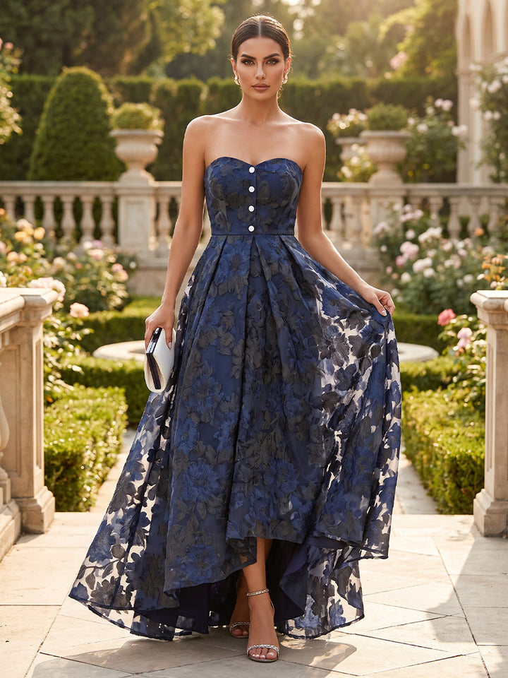 A-Line/Princess Strapless Lace Embroidery Formal Dresses Tea-Length High-Low Sleeveless Evening Dresses