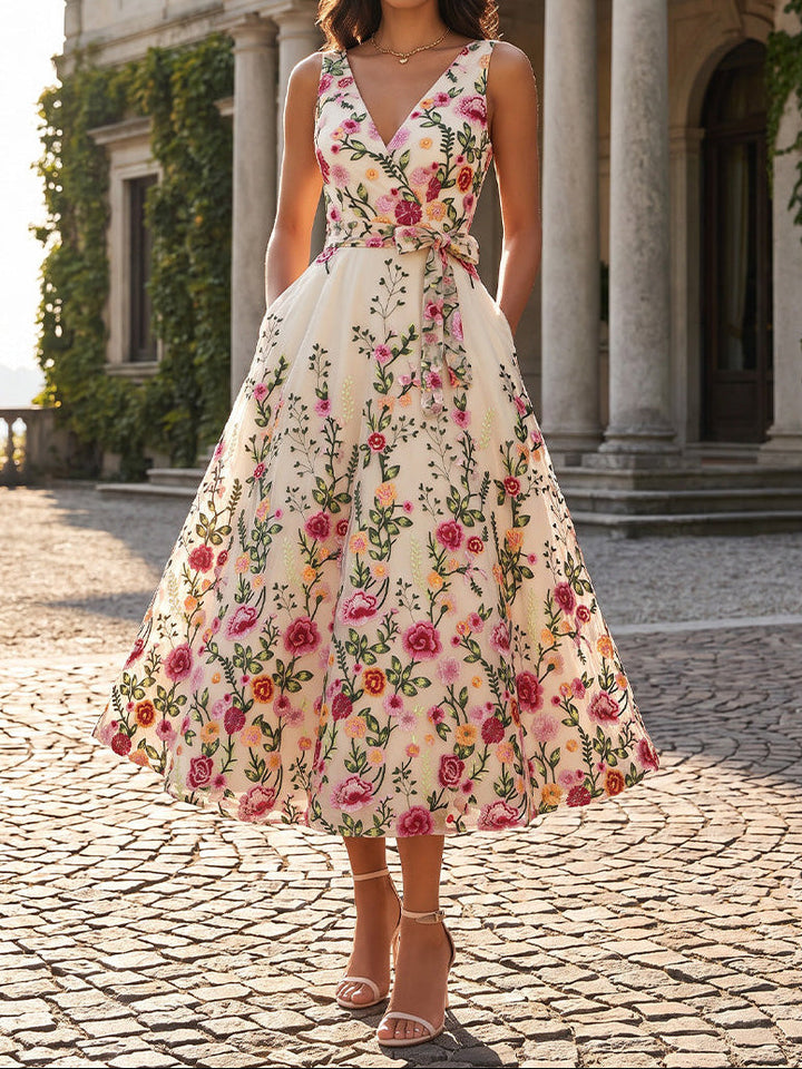 A-Line/Princess V-Neck Lace Embroidery Cocktail Dresses Sleeveless Tea-Length Party Dresses with Bowknot