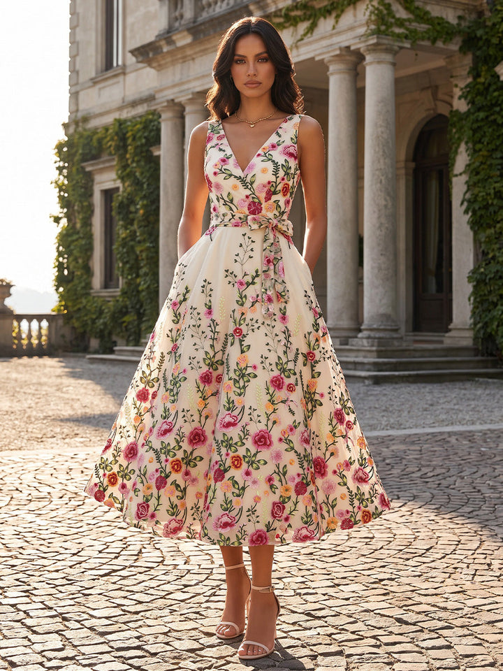 A-Line/Princess V-Neck Lace Embroidery Cocktail Dresses Sleeveless Tea-Length Party Dresses with Bowknot