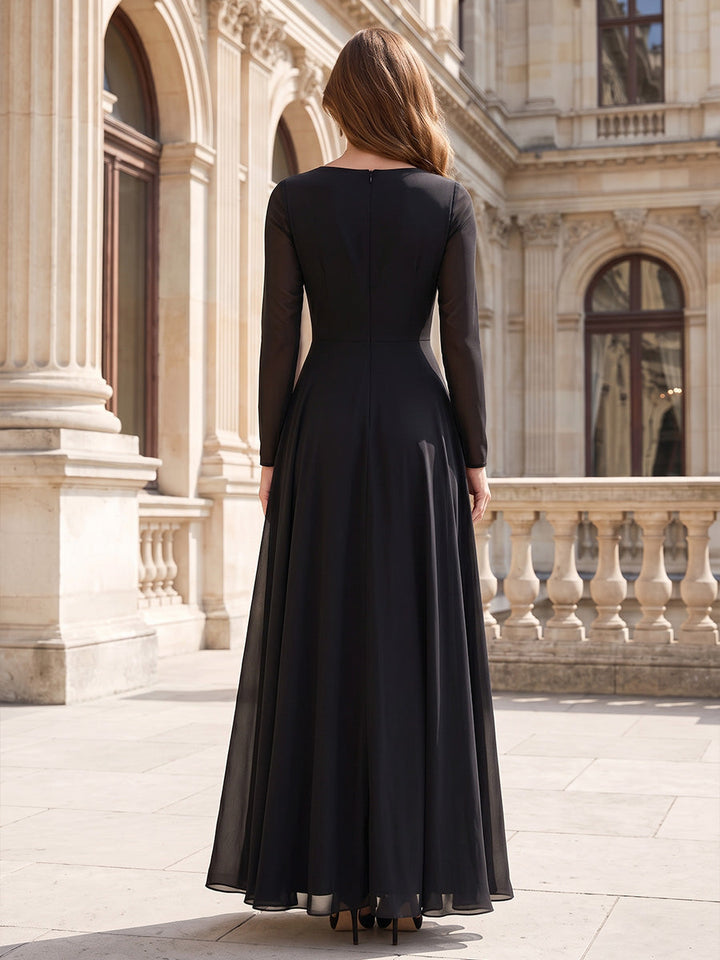 A-Line/Princess V-Neck Chiffon Wedding Guest Dresses Ankle-Length Long Sleeves