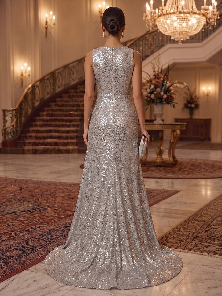 Sheath/Column V-Neck Sequins Evening Dresses  Floor-Length Sleeveless Formal Dresses Train