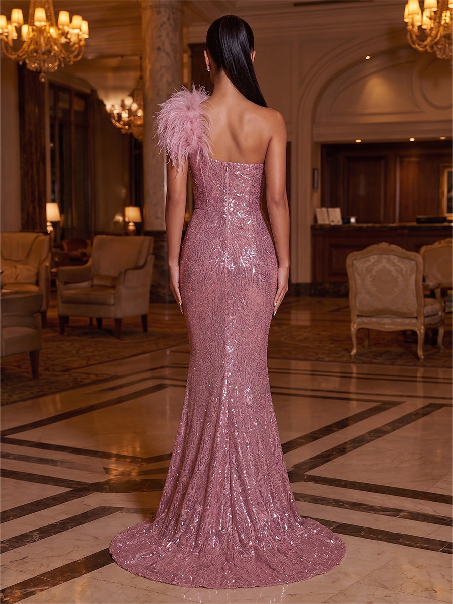 Trumpet/Mermaid One-Shoulder Sequins Evening Dresses  Floor-Length Sleeveless Formal Dresses with Feathers