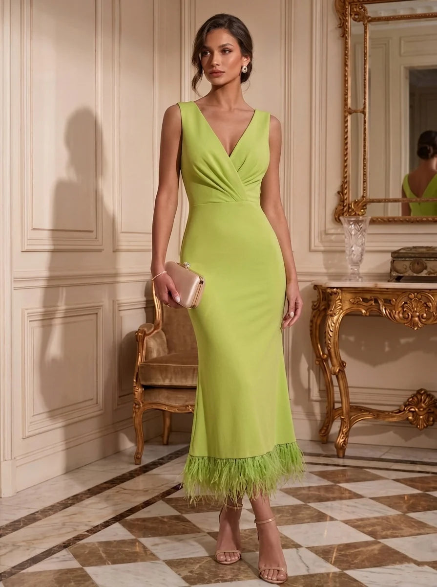 Sheath/Column V-Neck Stretch Satin Evening Dresses with Feathers Tea-Length Ruched Sleeveless Formal Dresses