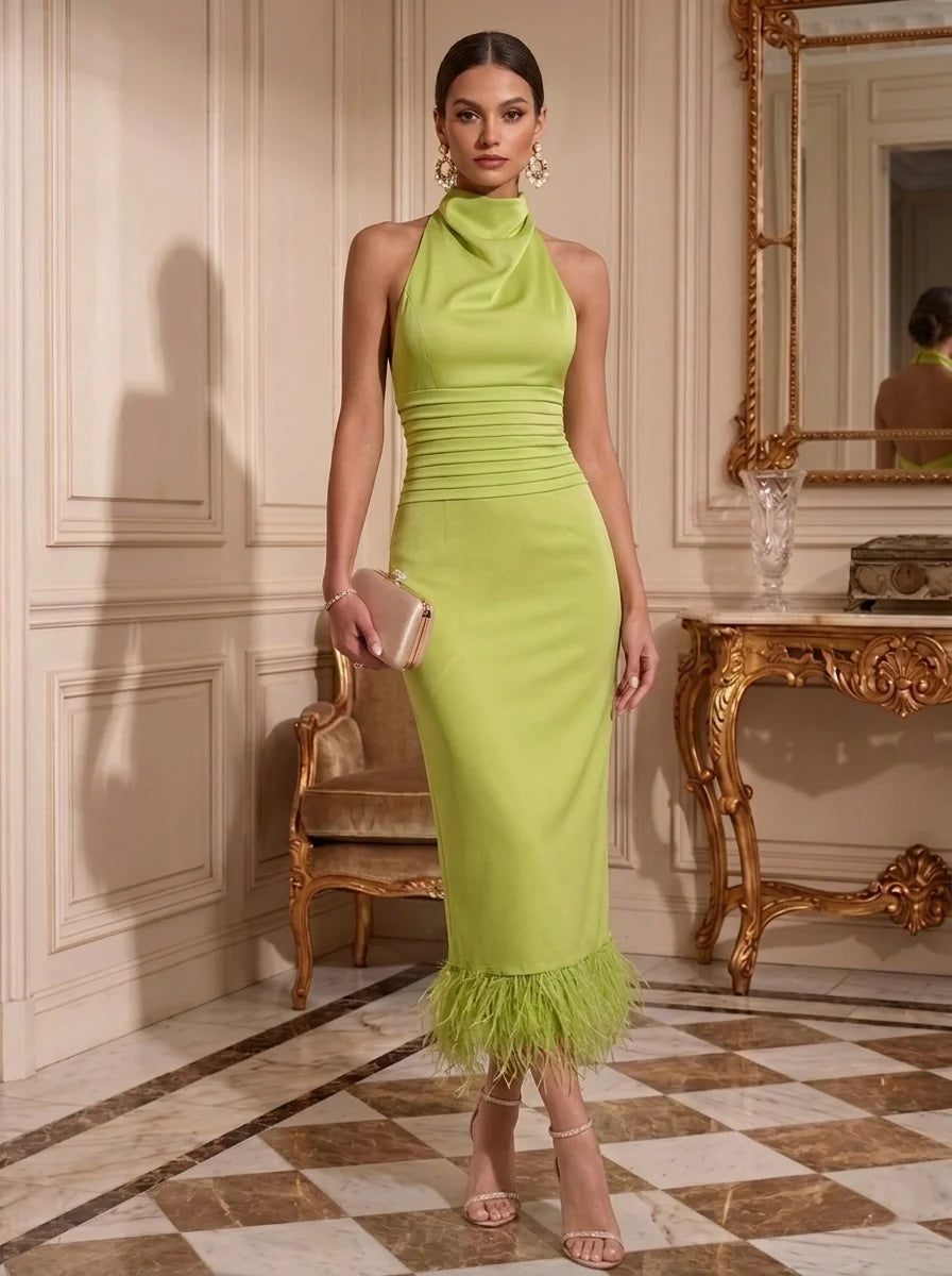Sheath/Column Mock Neck Silk Satin Evening Dresses with Feathers Tea-Length Sleeveless Formal Dresses