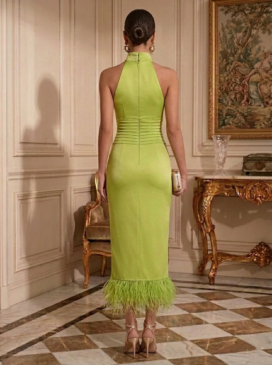 Sheath/Column Mock Neck Silk Satin Evening Dresses with Feathers Tea-Length Sleeveless Formal Dresses