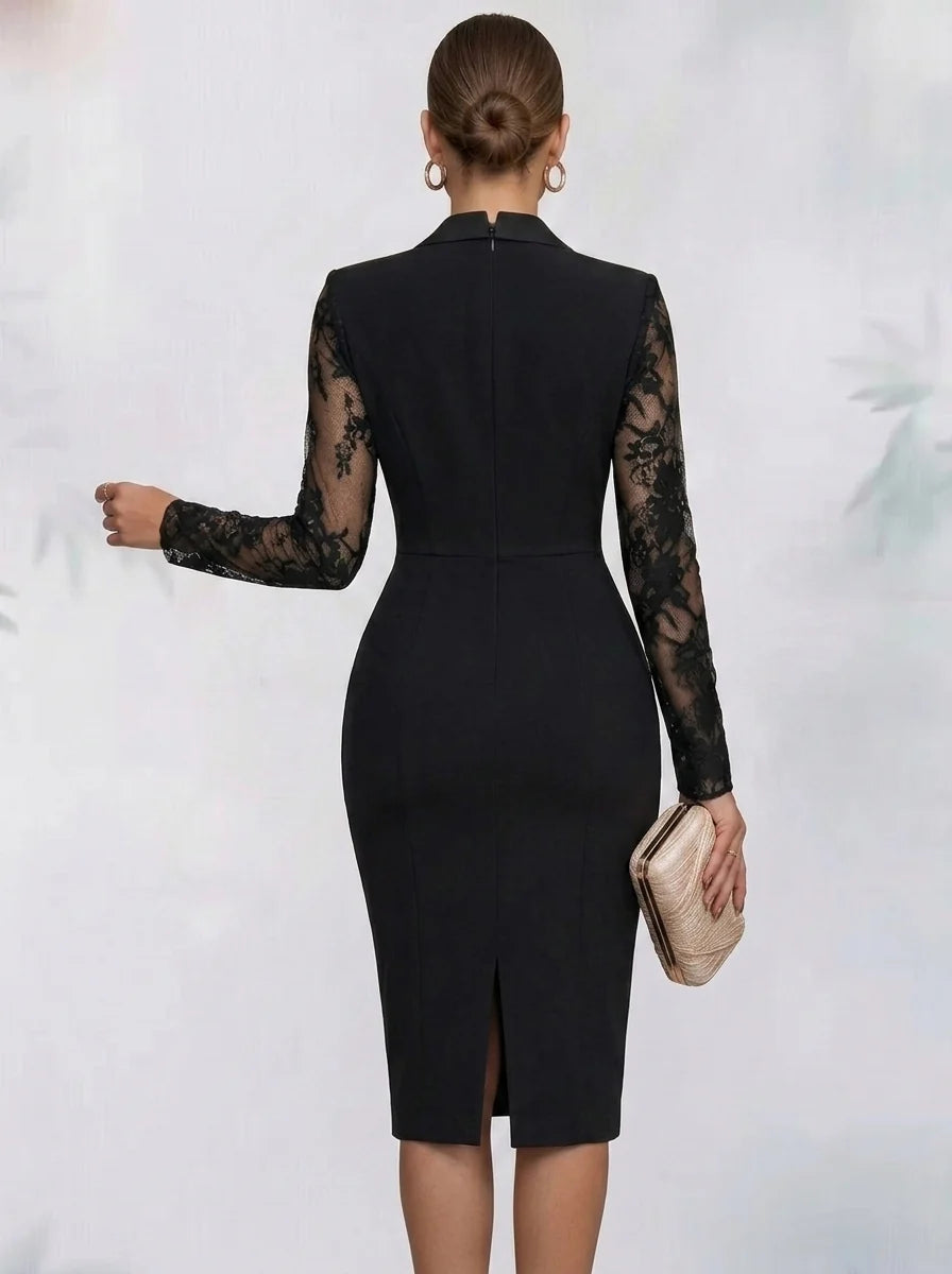 Sheath/Column V-Neck Stretch Satin Cocktail Dresses Long Sleeves Knee-Length Lace Party Dresses