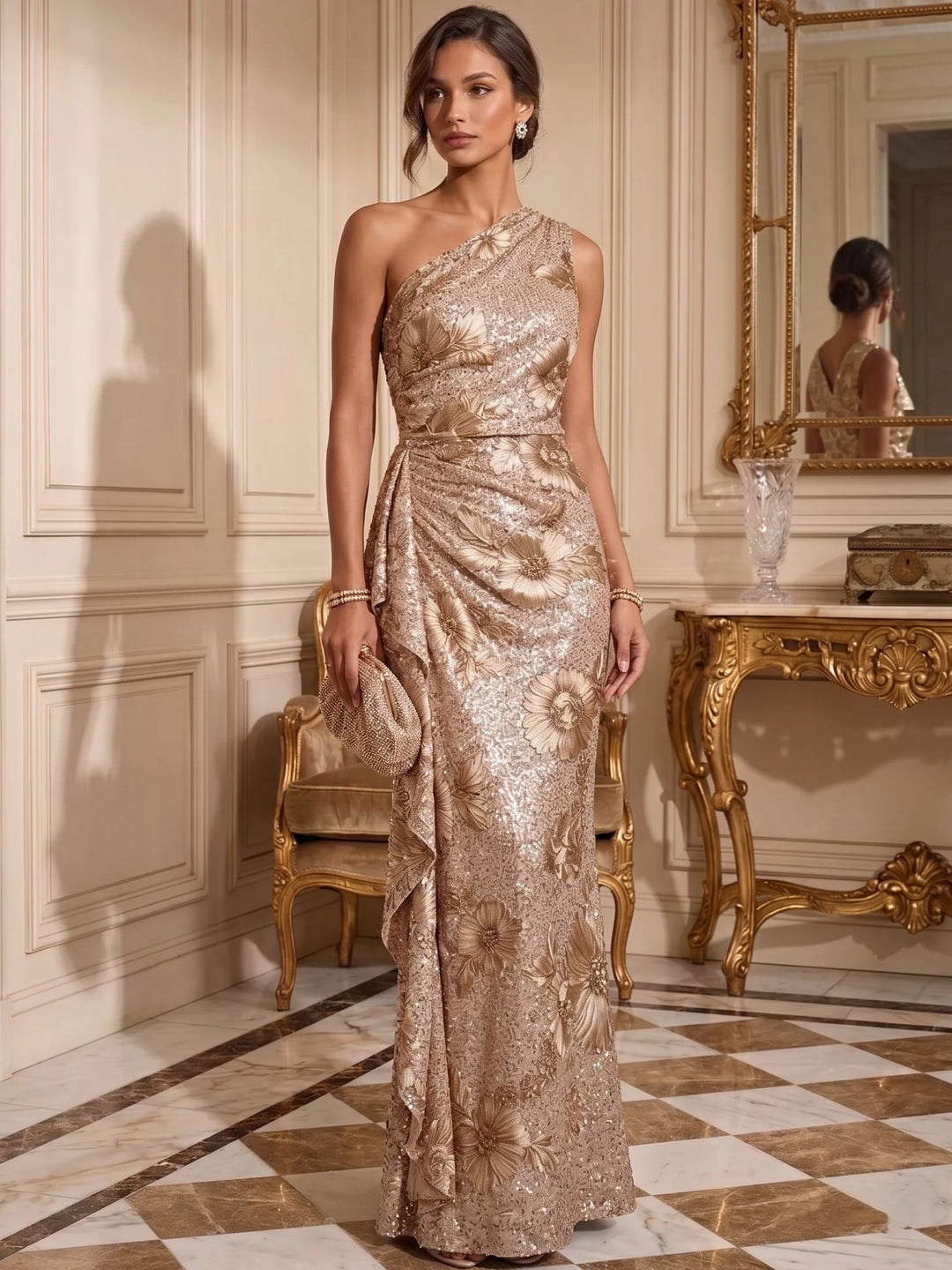 Sheath/Column One-Shoulder Sequins Evening Dresses Floor-Length Sleeveless Formal Dresses Floral Ruffles