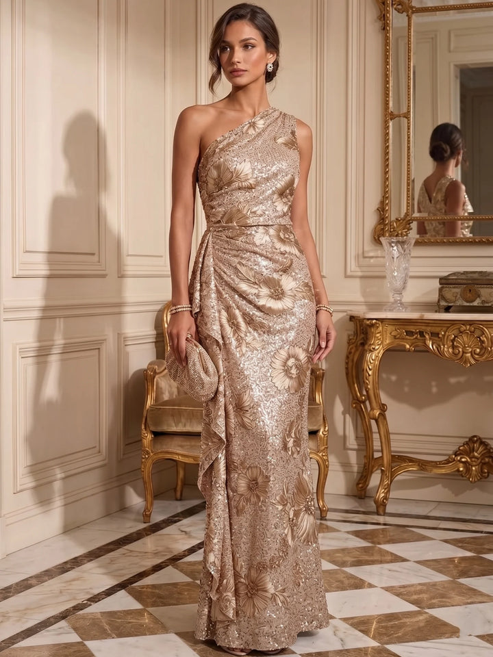 Sheath/Column One-Shoulder Sequins Evening Dresses Floor-Length Sleeveless Formal Dresses Floral Ruffles
