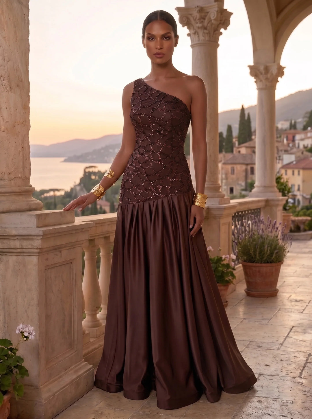 A-Line/Princess One-Shoulder Satin Evening Dresses Sequins Floor-Length Sleeveless Formal Dresses