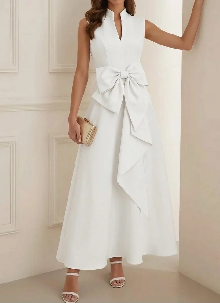 A-Line/Princess Mock Neck Stretch Satin Cocktail Dresses Ankle-Length Sleeveless Little White Dresses Party Dresses Bowknot