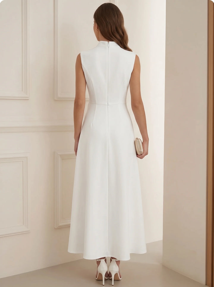 A-Line/Princess Mock Neck Stretch Satin Cocktail Dresses Ankle-Length Sleeveless Little White Dresses Party Dresses Bowknot