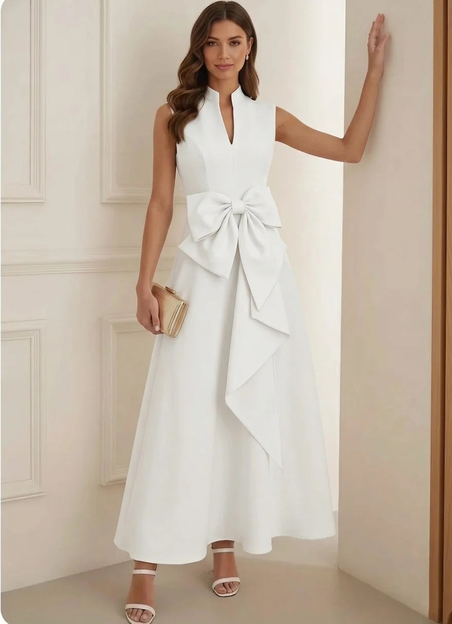 A-Line/Princess Mock Neck Stretch Satin Cocktail Dresses Ankle-Length Sleeveless Little White Dresses Party Dresses Bowknot