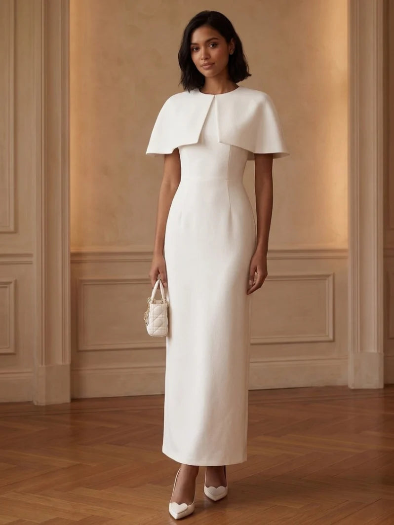Sheath/Column Scoop Satin Cocktail Dresses Ankle-Length Cape Sleeves Little White Dresses