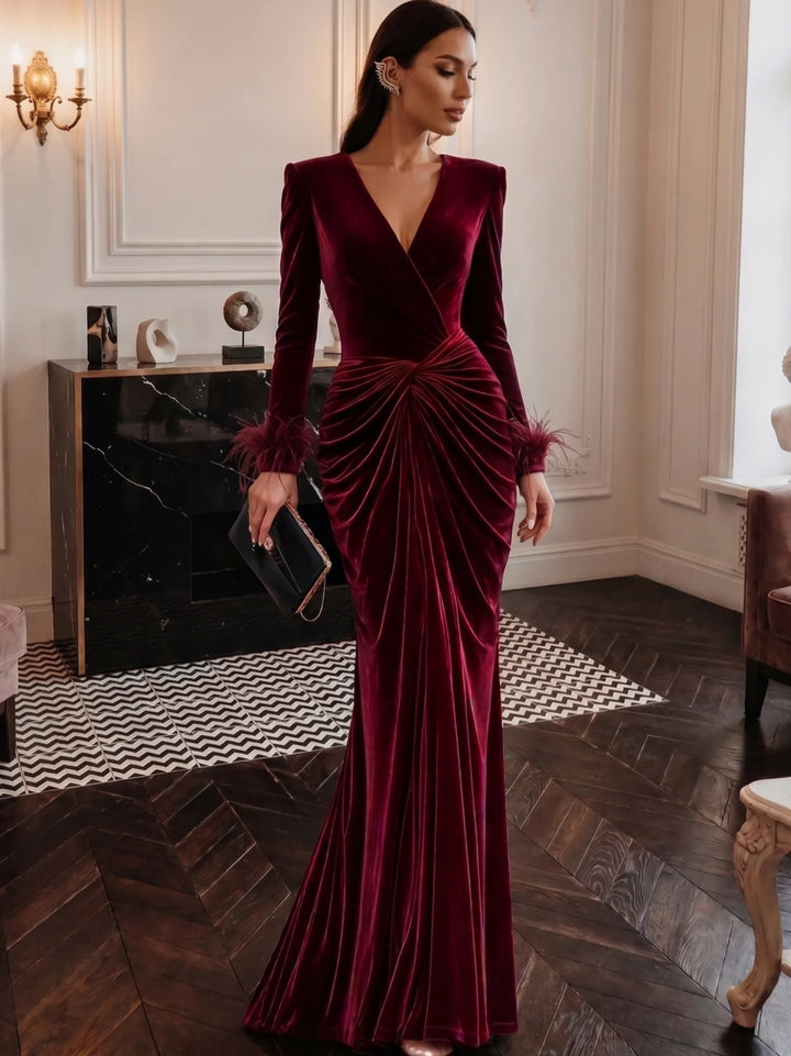 Sheath/Column V-Neck Velvet Evening Dresses with Feathers Floor-Length Long Sleeves Ruched Formal Dresses