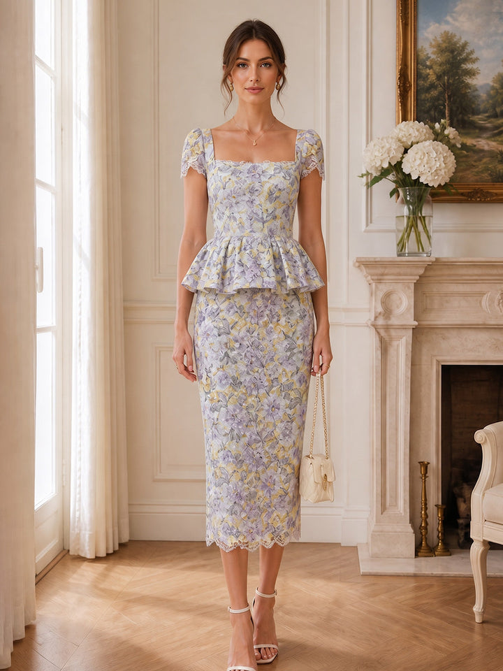 Sheath/Column Square Neck Floral Cocktail Dresses Short Sleeves Tea-Length Party Dresses with Lace
