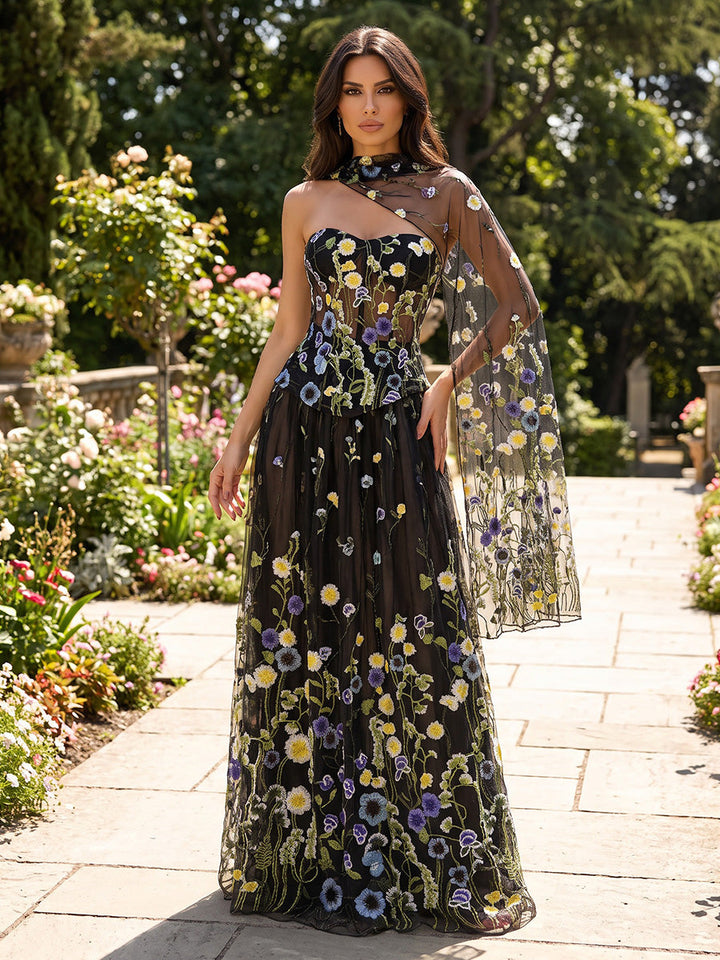 A-Line/Princess Strapless Formal Dresses Lace Embroidery Floor-Length Sleeveless Evening Dresses with Scarf