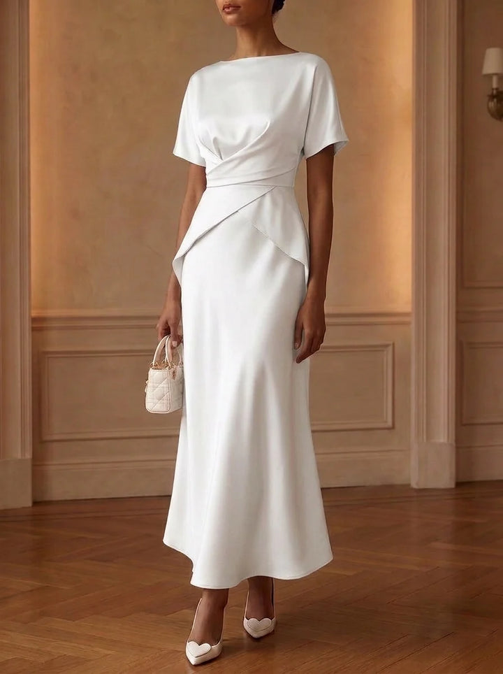 Sheath/Column Boat Neck Cocktail Dresses Silk Satin Tea-Length Short Sleeves Little White Dresses Ruched Party Dresses