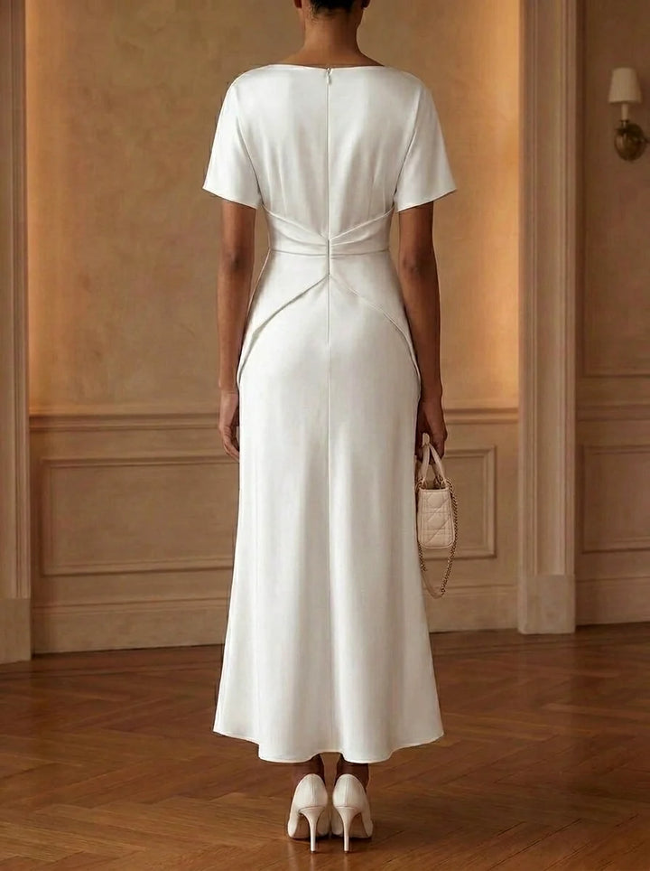 Sheath/Column Boat Neck Cocktail Dresses Silk Satin Tea-Length Short Sleeves Little White Dresses Ruched Party Dresses