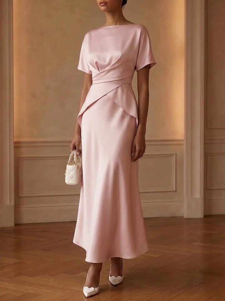 Sheath/Column Boat Neck Cocktail Dresses Silk Satin Tea-Length Short Sleeves Little White Dresses Ruched Party Dresses