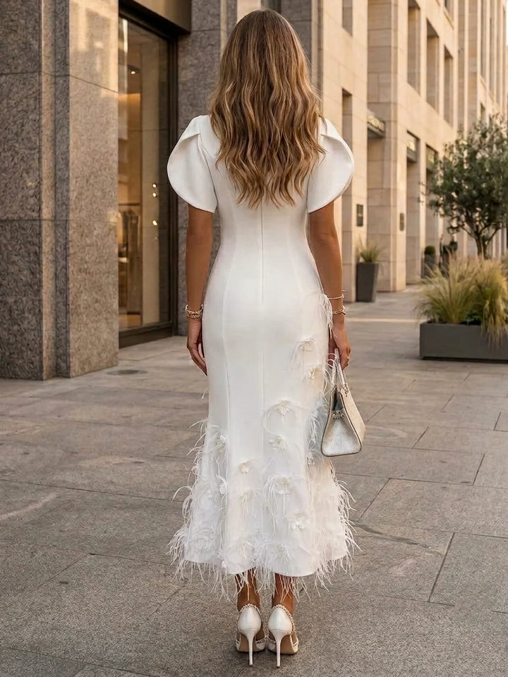 Trumpet/Mermaid Boat Neck Stretch Satin Cocktail Dresses with Feathers&amp;3D Flowers Tea-Length Short Sleeves Little White Dresses Party Dresses