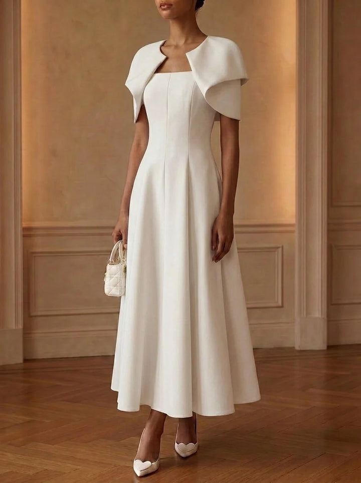A-Line/Princess Scoop Stretch Satin Cocktail Dresses Tea-Length Short Sleeves Little White Dresses Party Dresses