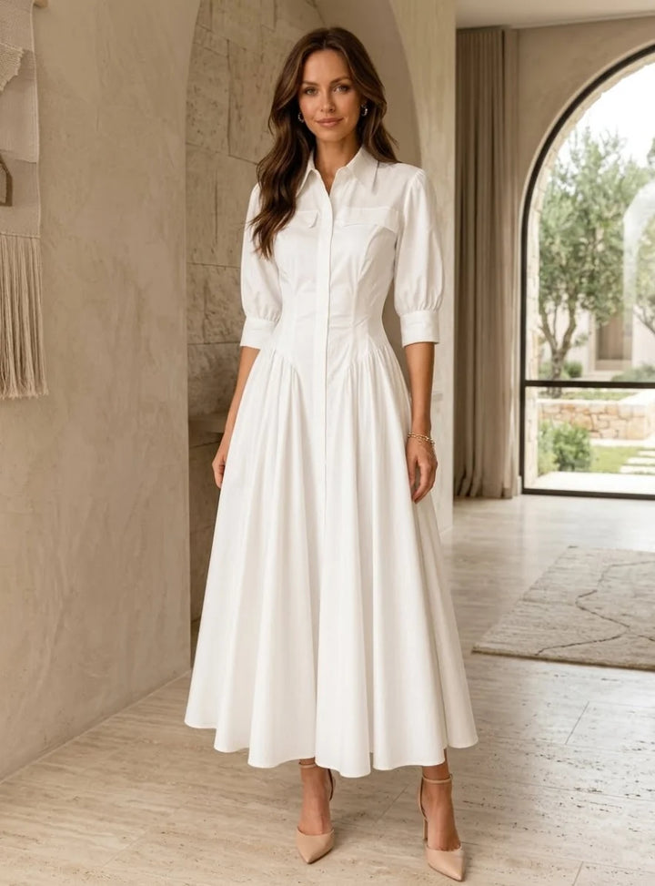 A-Line/Princess Shirt Collar Taffeta Cocktail Dresses 3/4 Sleeves Tea-Length Ruched Little White Dresses Party Dresses