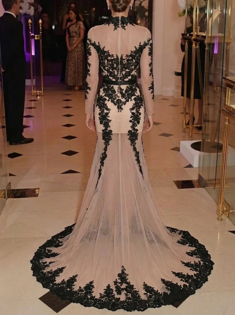Trumpet/Mermaid Mock Neck Lace Evening Dresses Floor-Length Floral Long Sleeves Sweep Train Formal Dresses